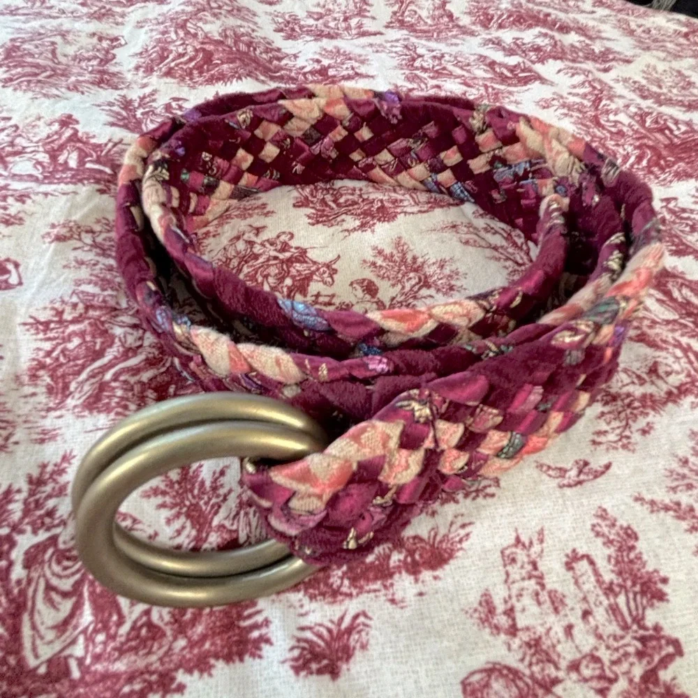 Large Upcycled Woven Boho Tapestry Textiles Belt, Dark Pinks, Double loop buckle
